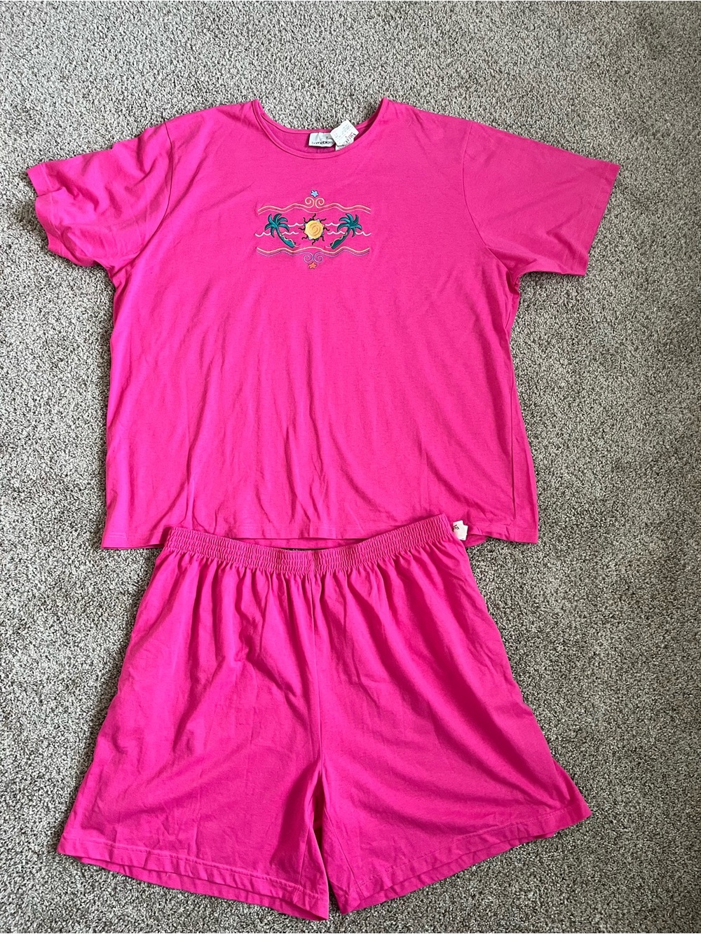 Hot Pink Summer Short and Top Set with Sun & Palm Embroidery